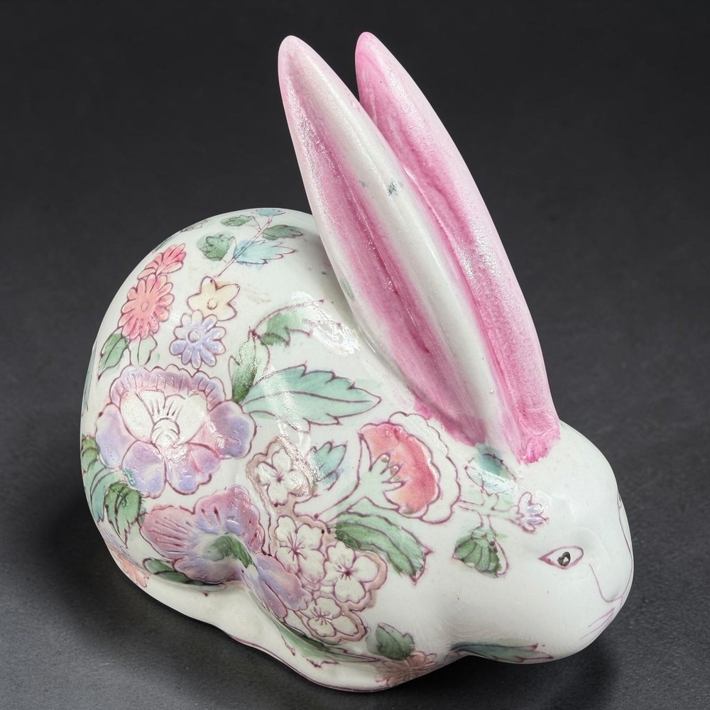 Vintage Chinese Famille Rose Porcelain Rabbit Figurine Floral Pink White 5.5"